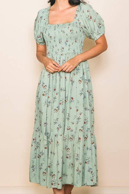 Sage Puff Sleeve Smocked Flare Midi Dress with Pockets