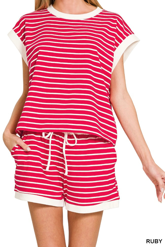Zenana Stripe Contrast Rib Trim Shorts Set
