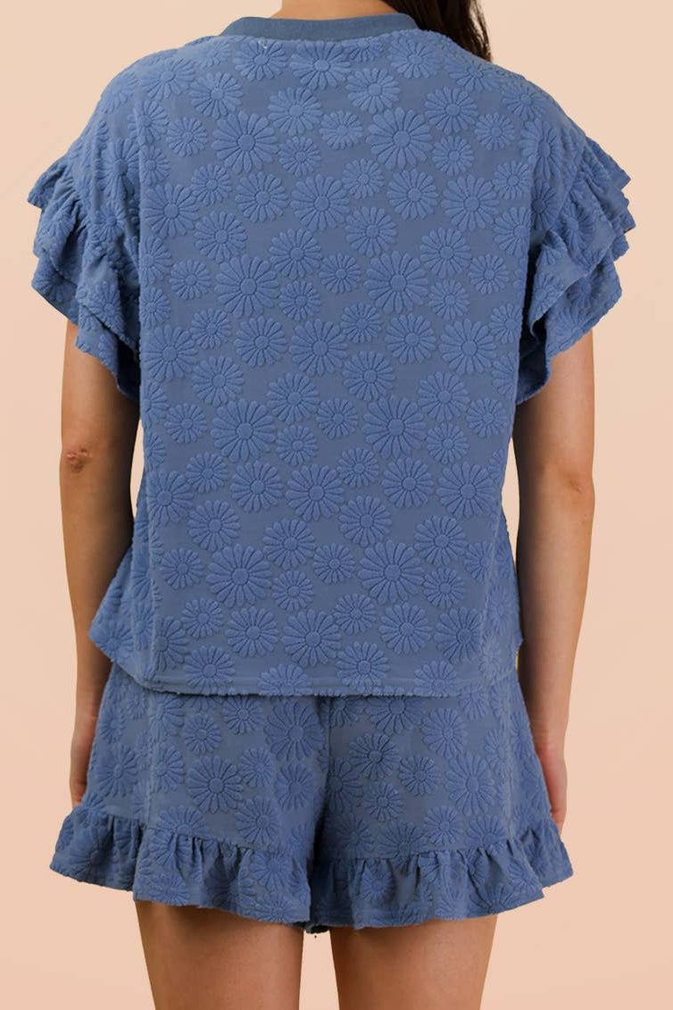 Floral Textured Ruffled Knit Top & Shorts Set