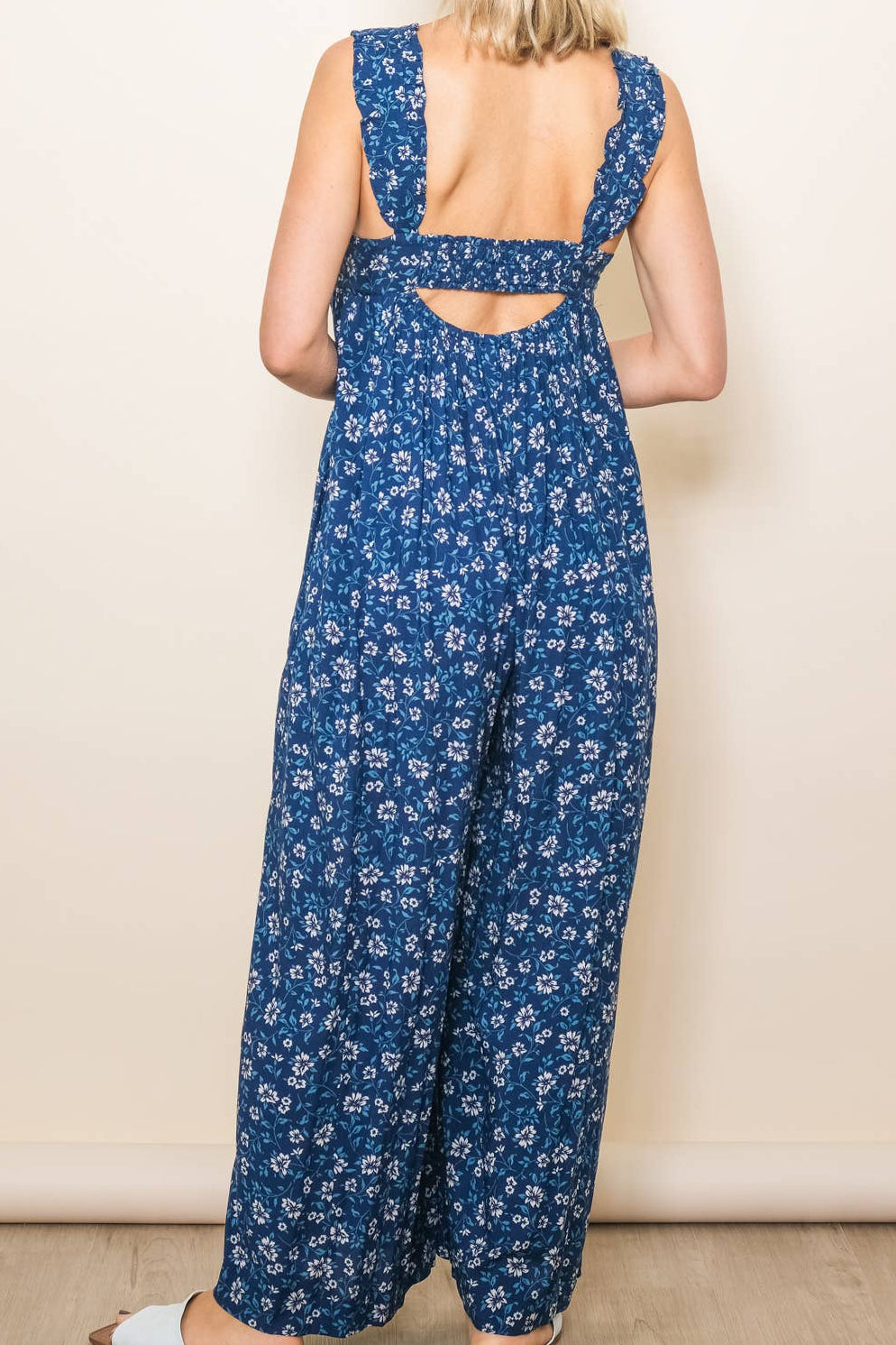 Blue Ruffle Strap Wide Leg Floral Print Jumper with Pockets