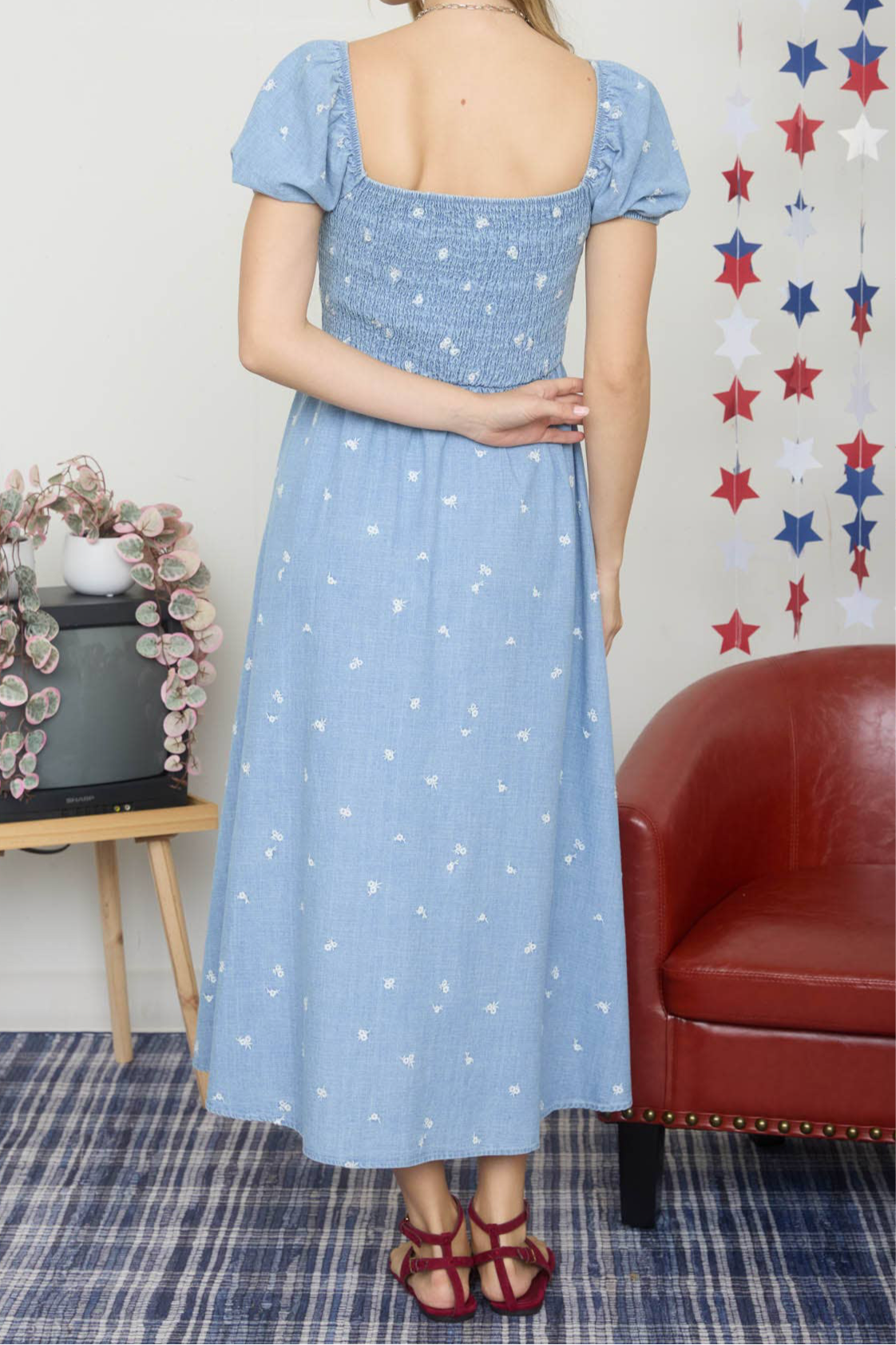 Chambray Floral Embroidery Smocked Midi Dress