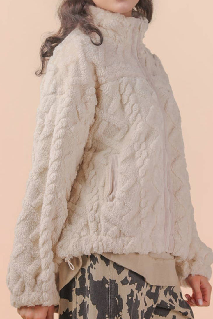Fuzzy Fleece Cozy Cable Pattern Zip Up Jacket