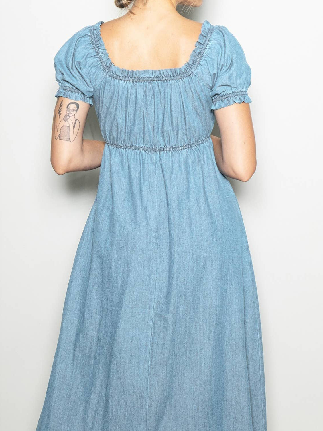 Vintage Washed Denim Ruffled Babydoll Dress w Pockets