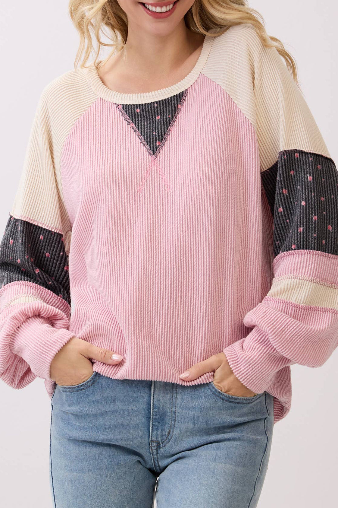 Pink Rib Color Block Floral Raglan Sleeves Pullover Top