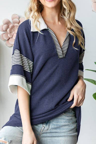 Raised Ribbed Contrast Stripe Insert Top