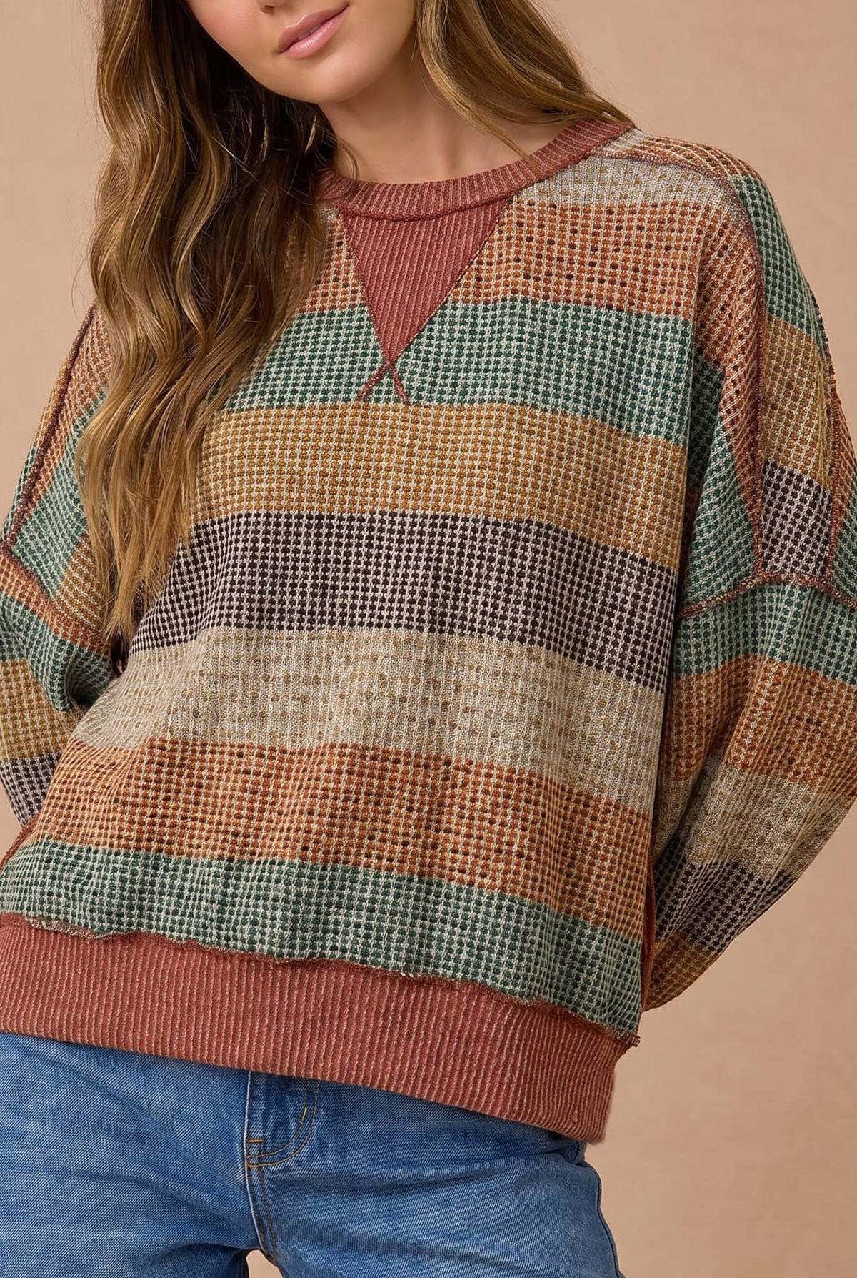Stripe Waffle Wave Rib Banded Hem Pullover