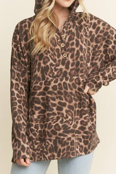 Taupe/Brown Leopard Ribbed Hoodie