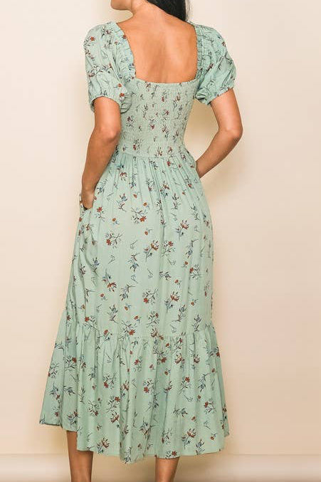 Sage Puff Sleeve Smocked Flare Midi Dress with Pockets