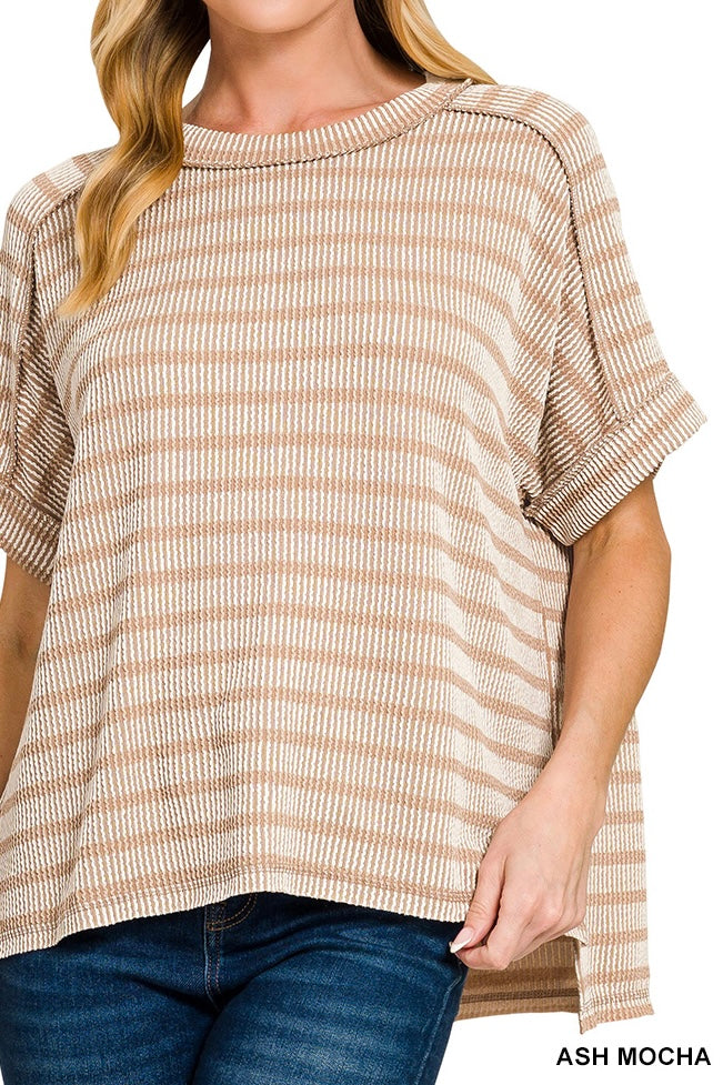 Zenana Stripe Short Sleeve Raised Rib Crew Neck Top