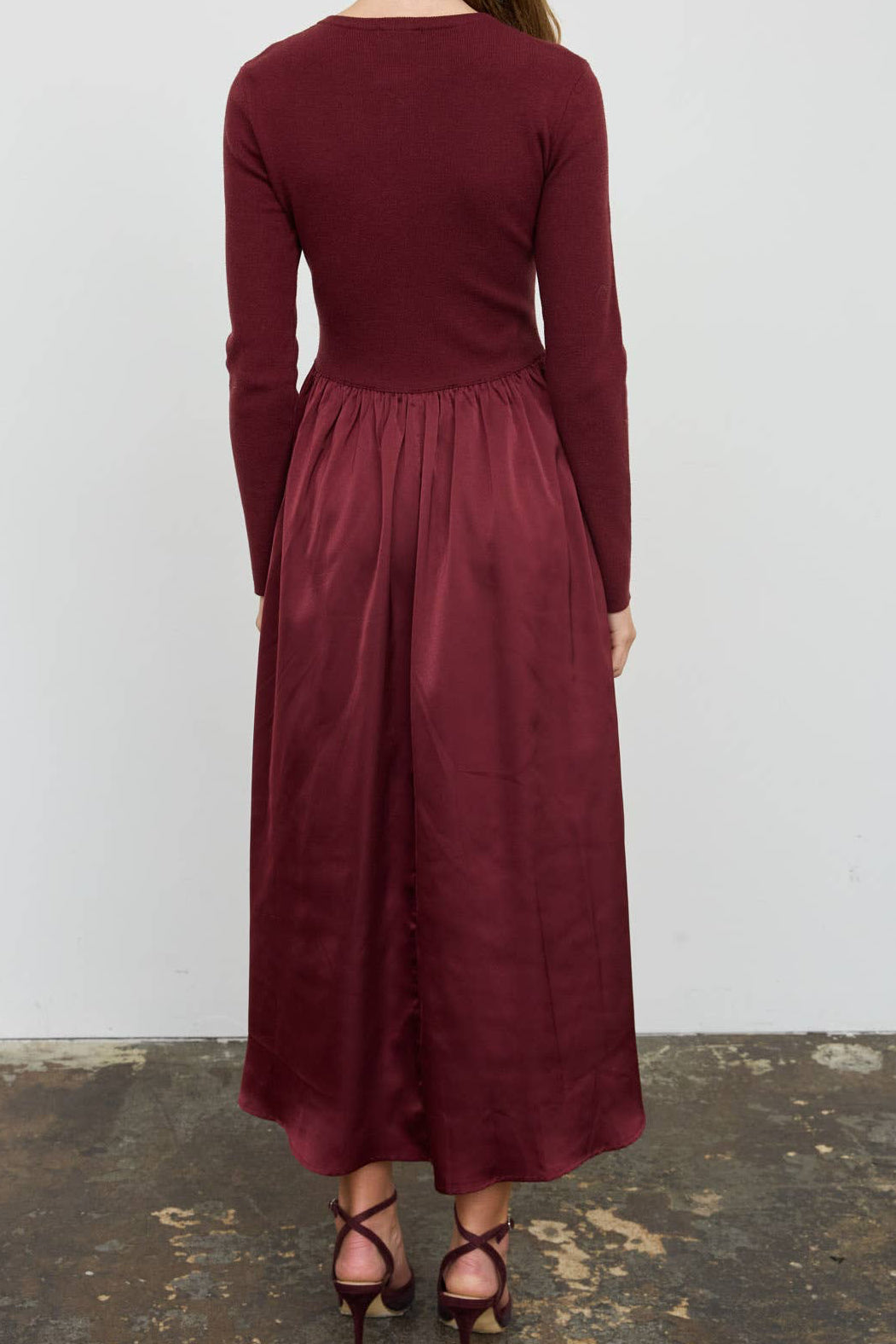 Knit Long Sleeve Satin Skirt Dress