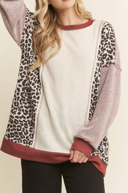Marsala Color Block Leopard Insert Tunic