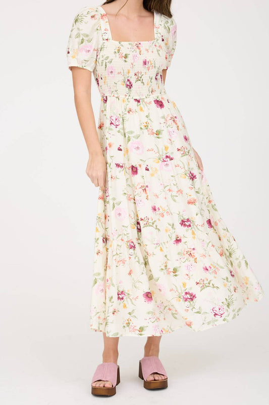 Cream Floral Smocked Midi Dress
