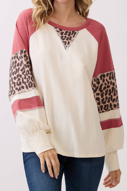 Leopard Print Color Block Raglan Pullover Top