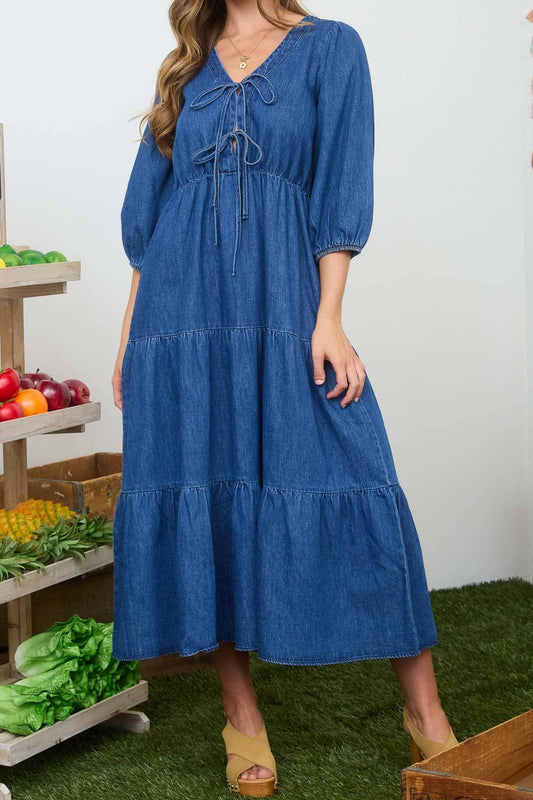 Front Tie 3/4 Sleeve Denim Midi Dress