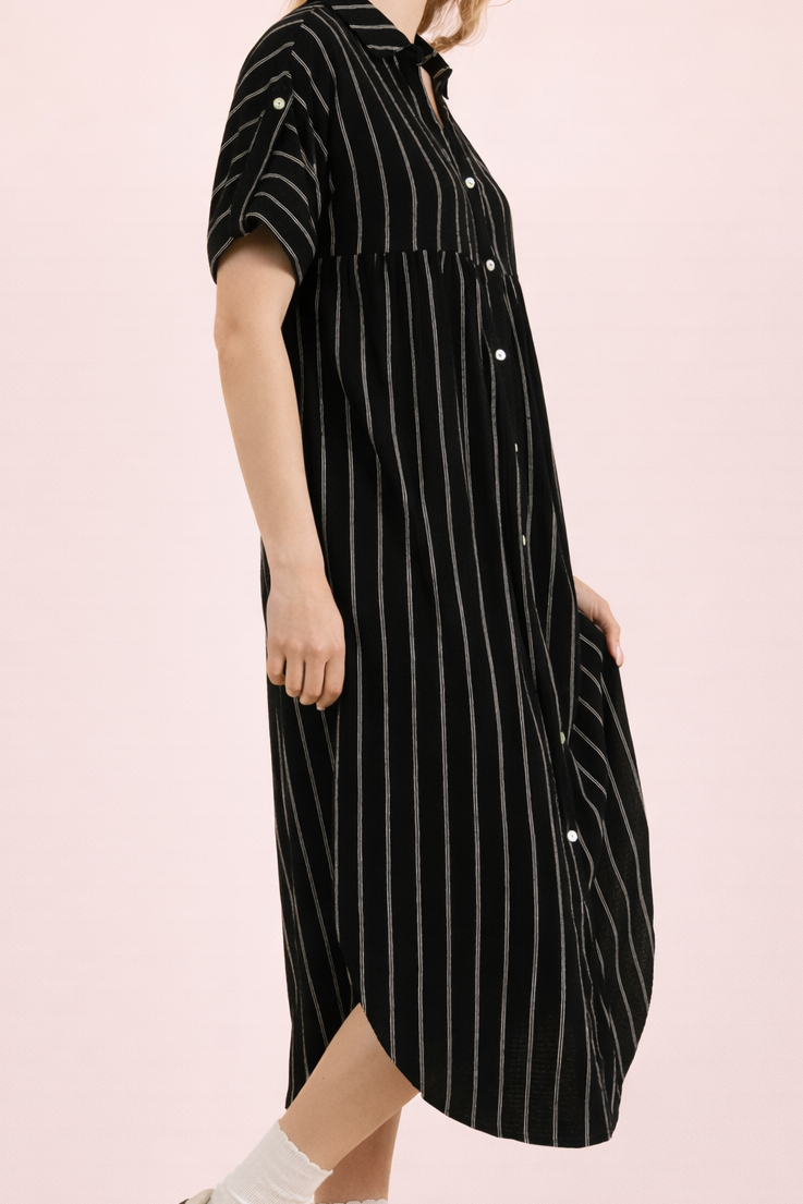 Black Striped Linen Midi Button Down Shirt Dress