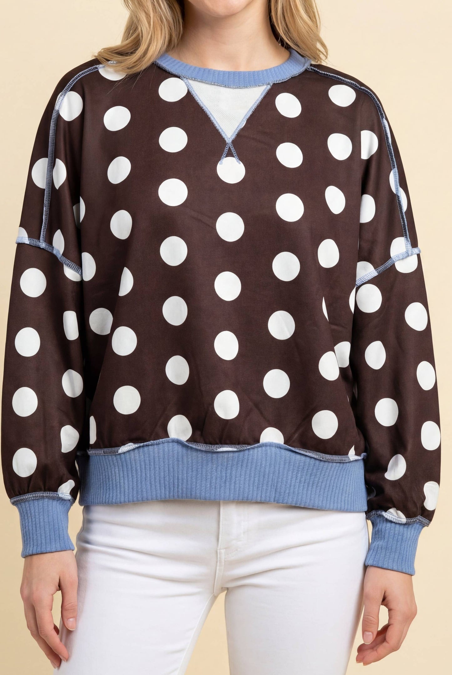 Polka Dot Contrast Trim Oversized Pullover Top