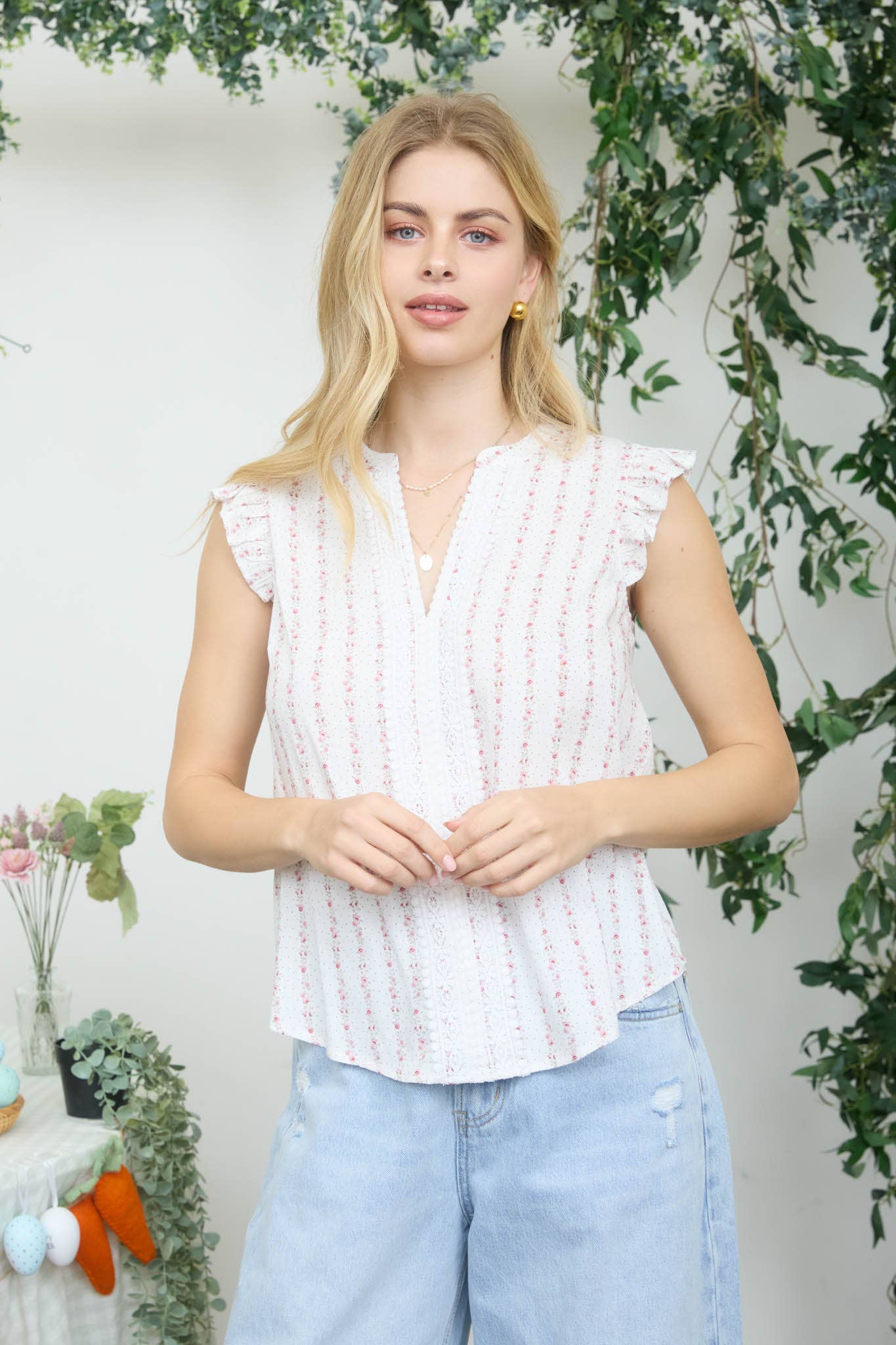 STRIPE FLORAL GARLAND PATTERN RUFFLE SLEEVE TOP