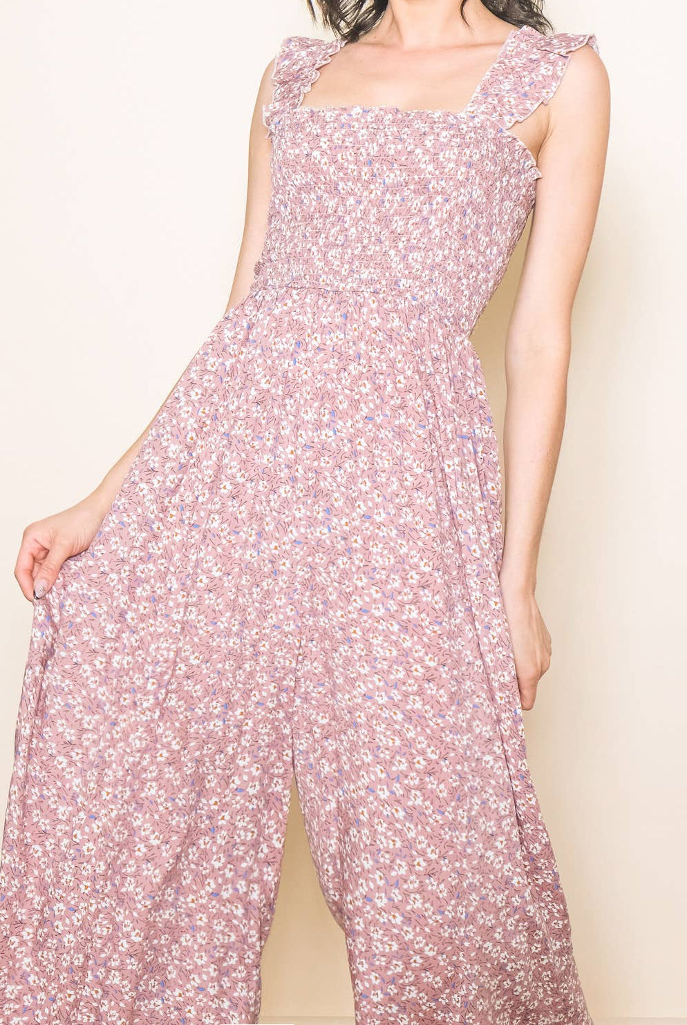 Pink Floral Ruffle Shoulder Smocked Wide Leg Jumpsuit