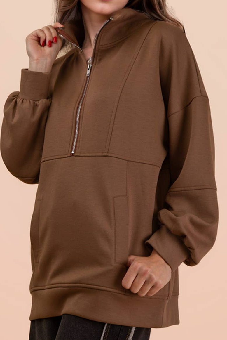 Mocha Half Zip UP Oversized Casual Comfy Knit Top