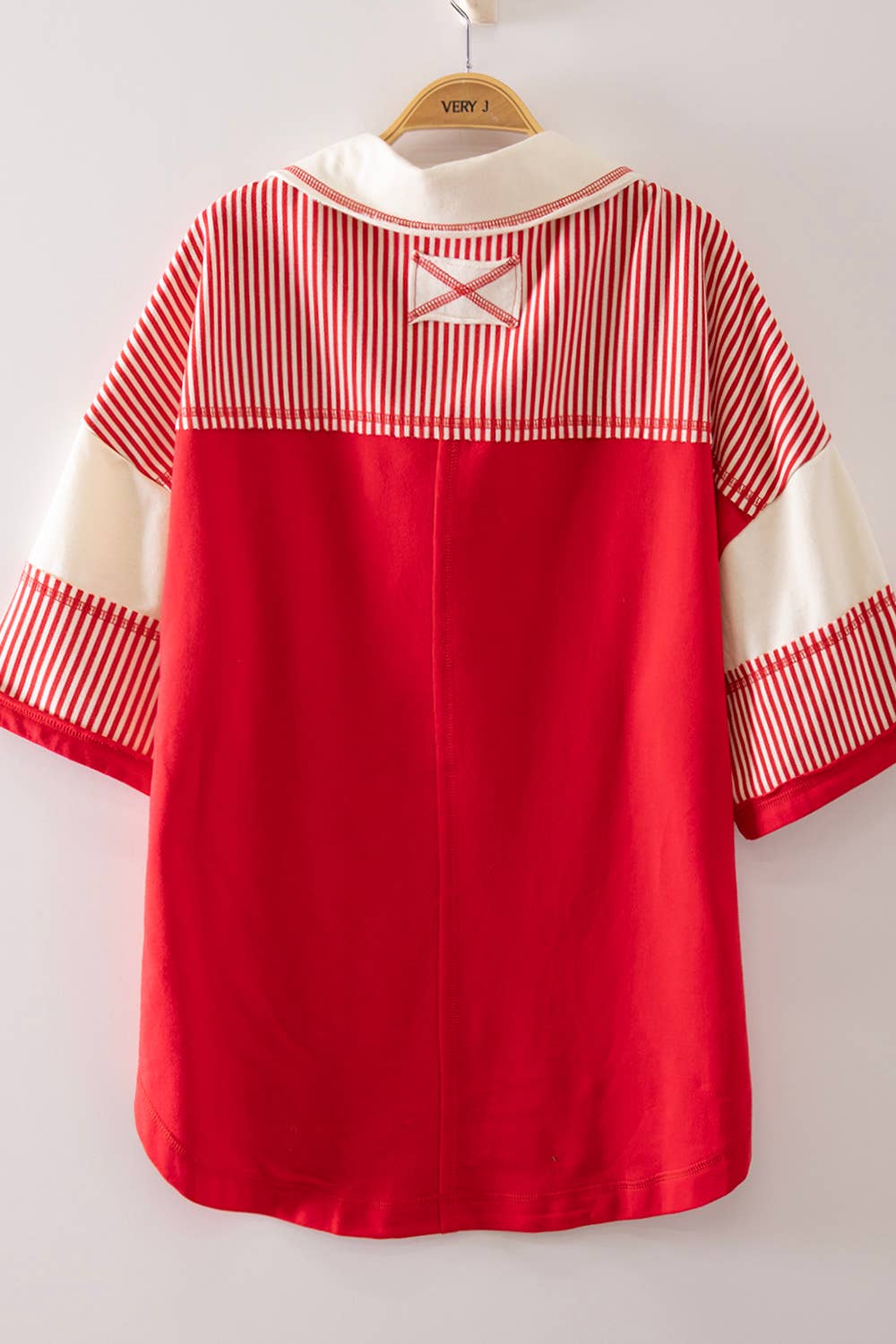 Red Stripe Oversized Half Sleeve Casual Knit Top