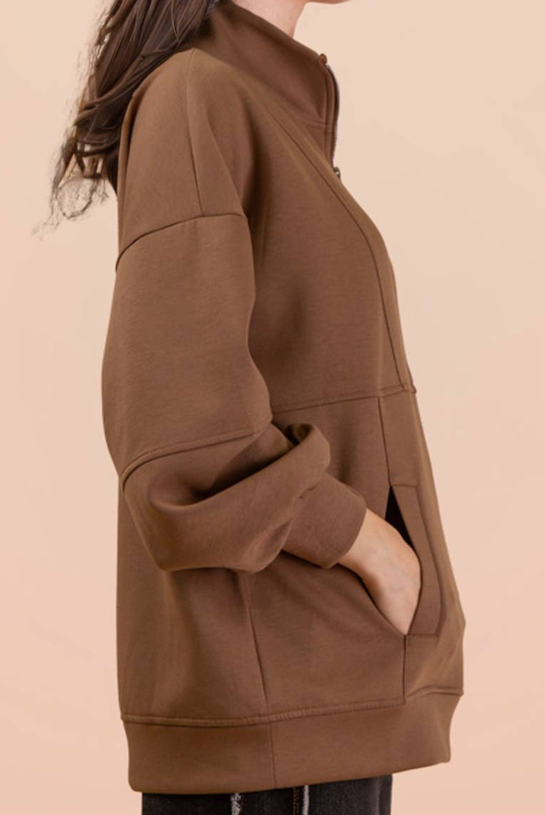 Mocha Half Zip UP Oversized Casual Comfy Knit Top