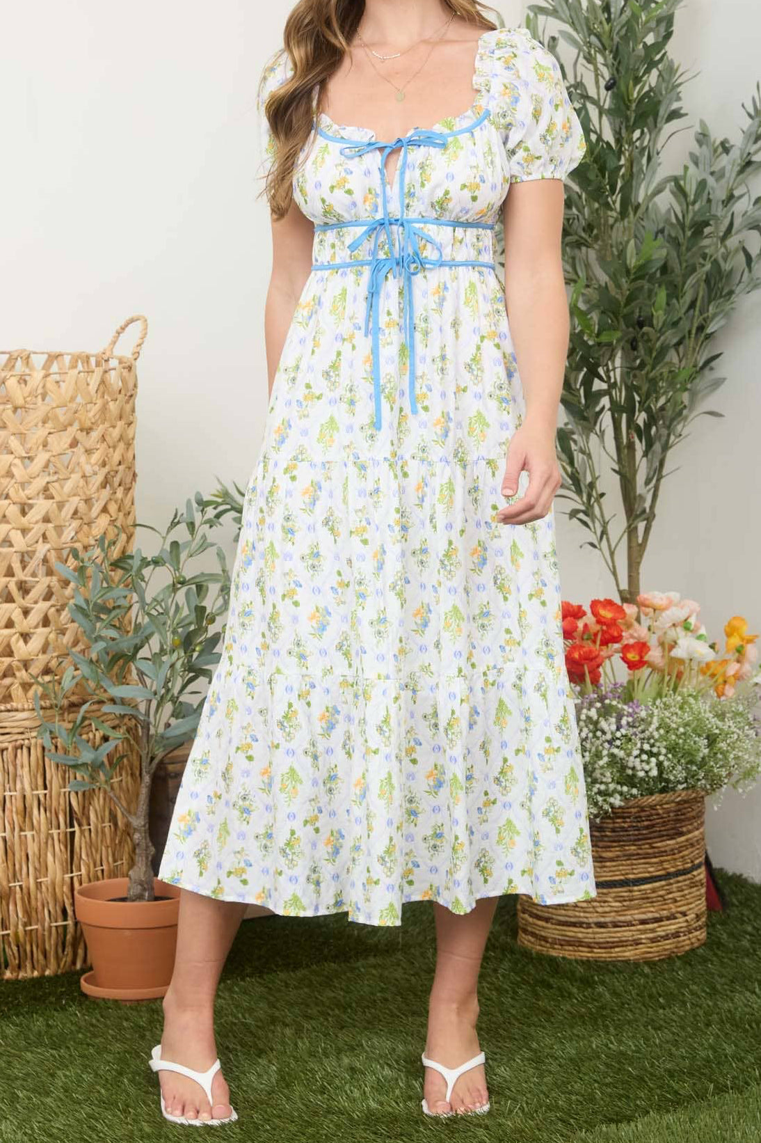 Floral Tile Print Bow Tie Front Dress