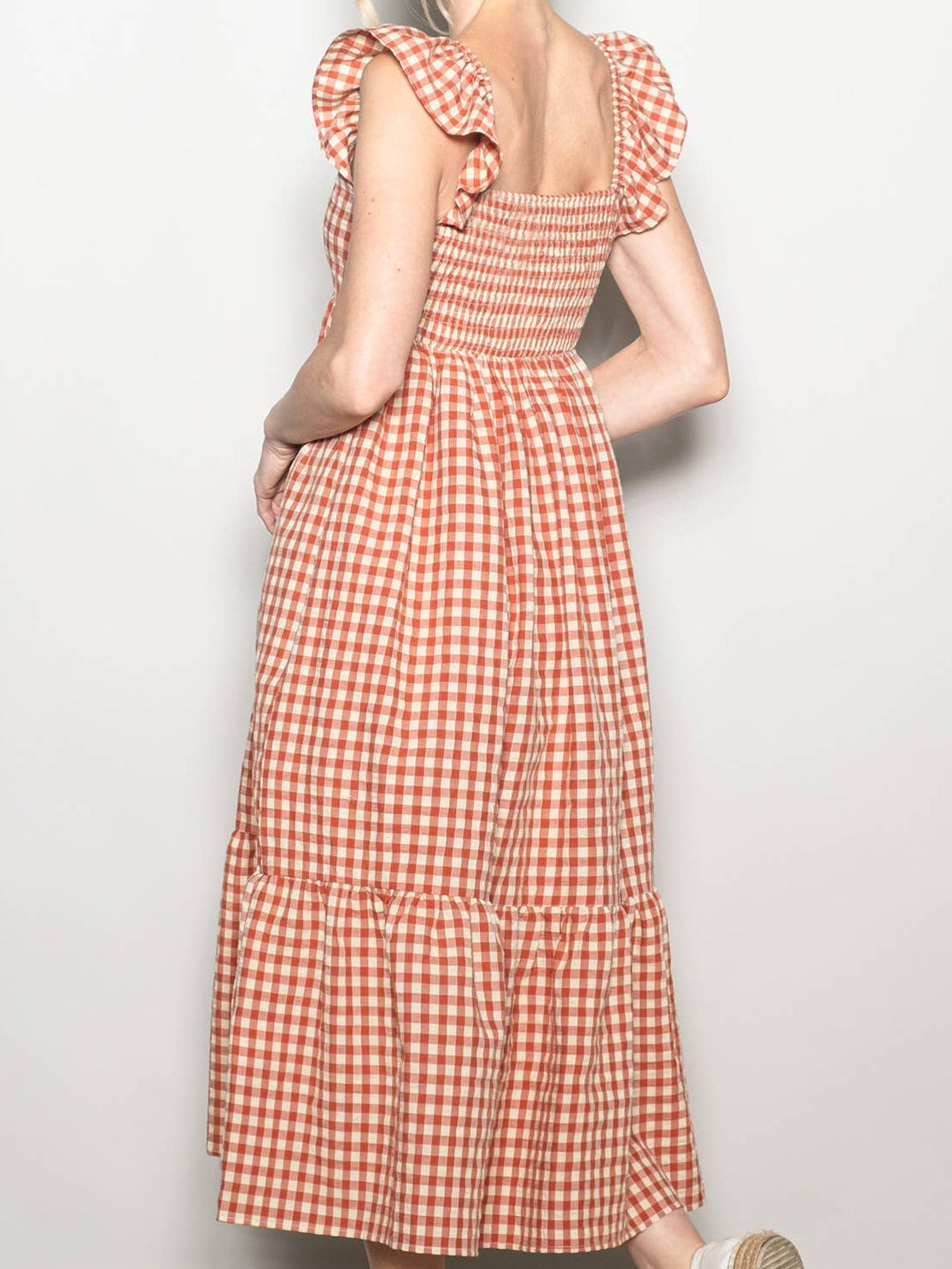 Red Ruffled Flutter Sleeve Gingham Cotton Midi Dress w Pockets