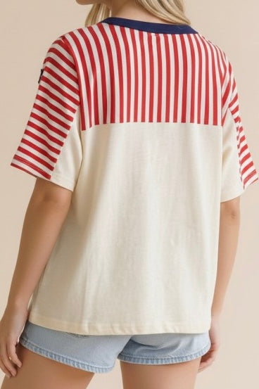 Red Stripe Oversized Star Patch Top