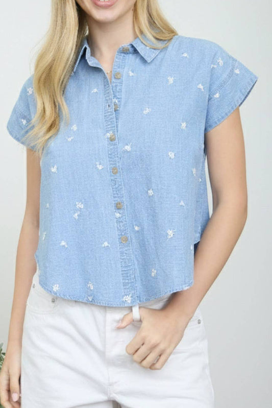 Embroidered Denim Chambray Button Down Top