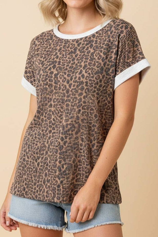 Contrast Trim Leopard Ribbed Shorts Set