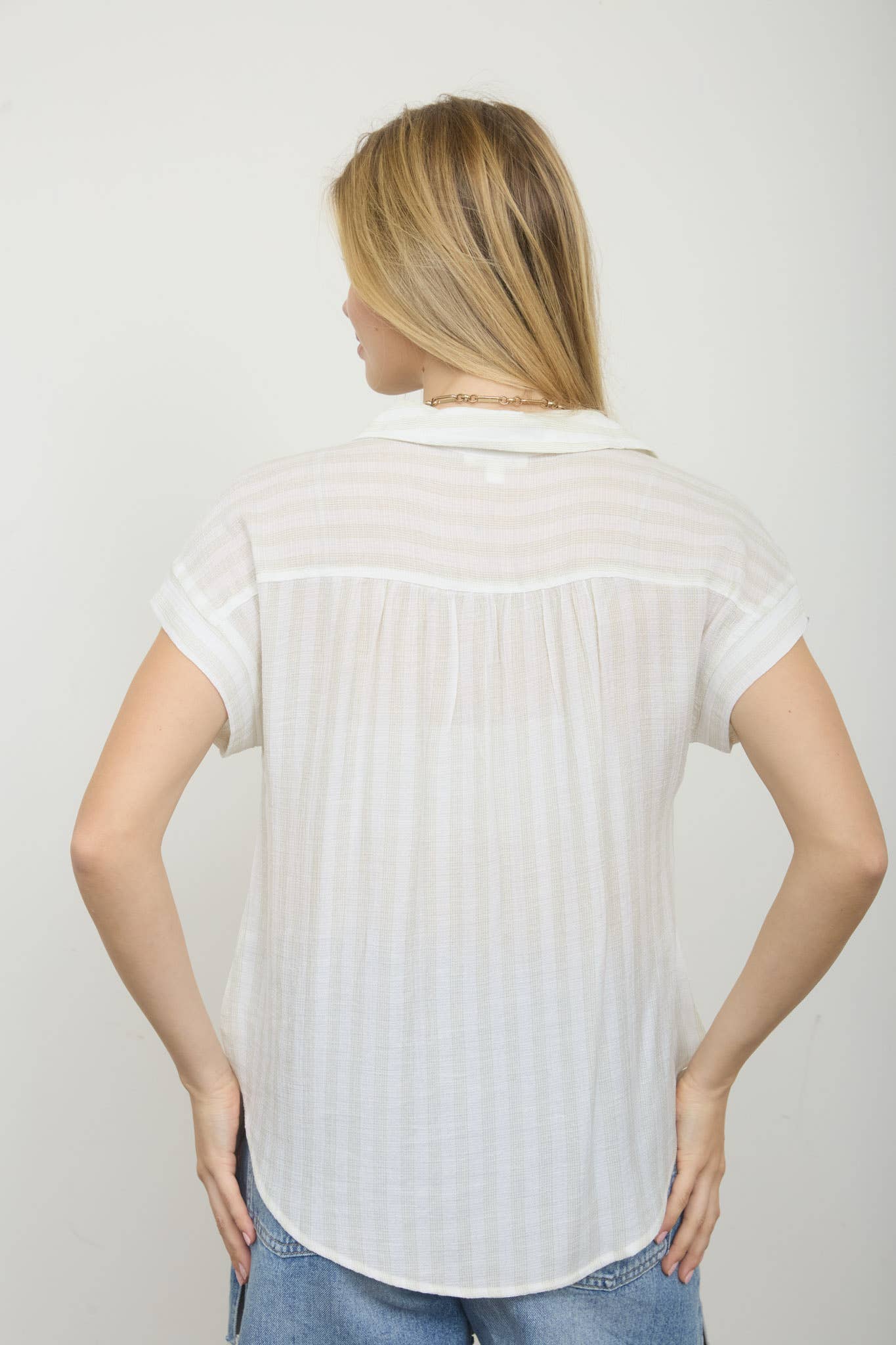 Stripe Collared V-Neck Button Down Short Sleeve Top