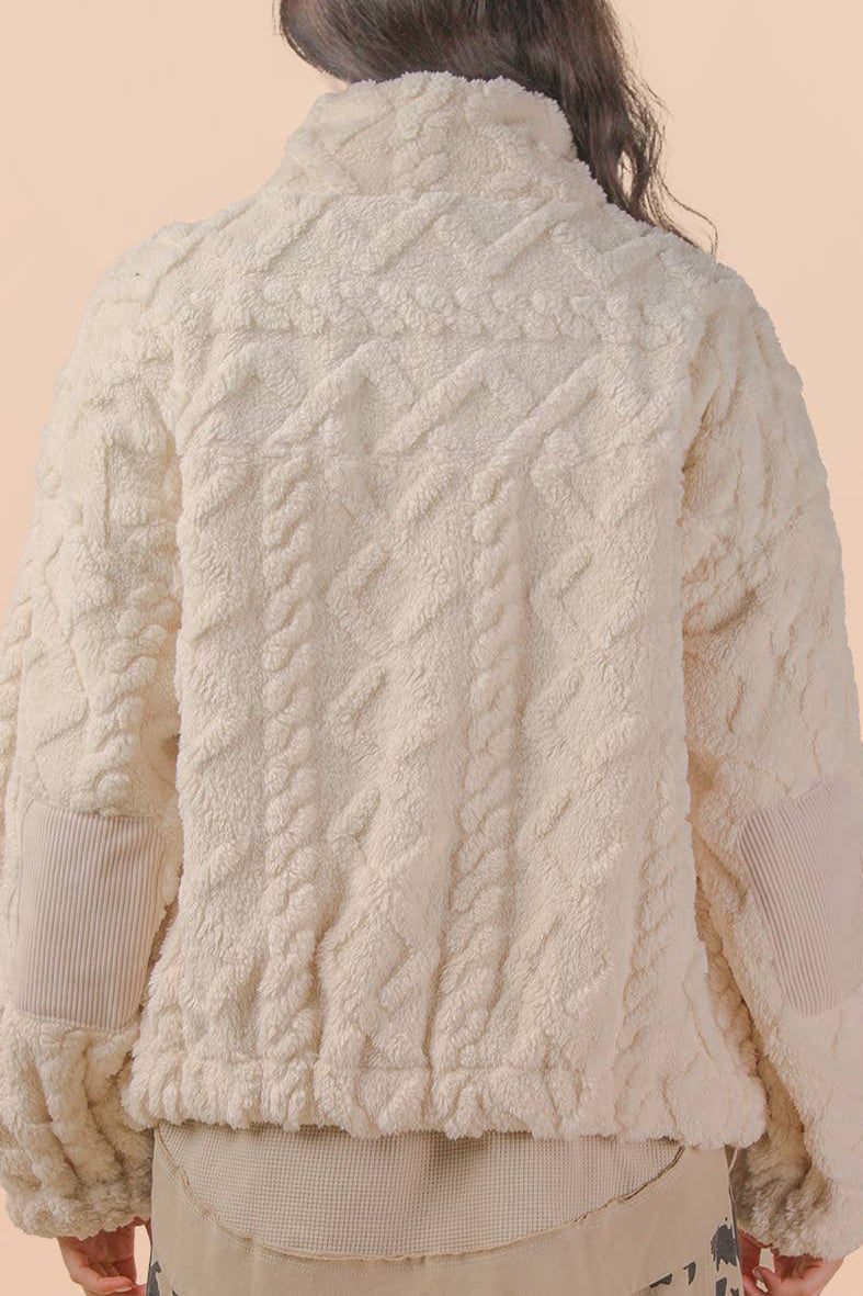 Fuzzy Fleece Cozy Cable Pattern Zip Up Jacket