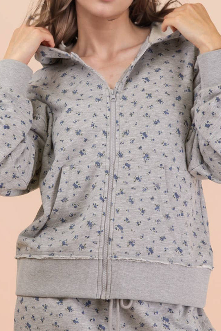 Grey Floral Printed Zip Up Casual Hoodie/Pants Set