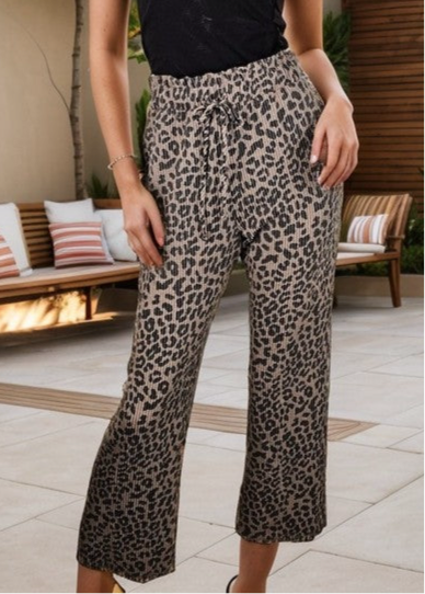 Cocoa Leopard Ribbed Paper Bag Waist Pants
