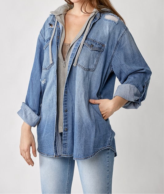 Washed Denim Shirt Hoodie