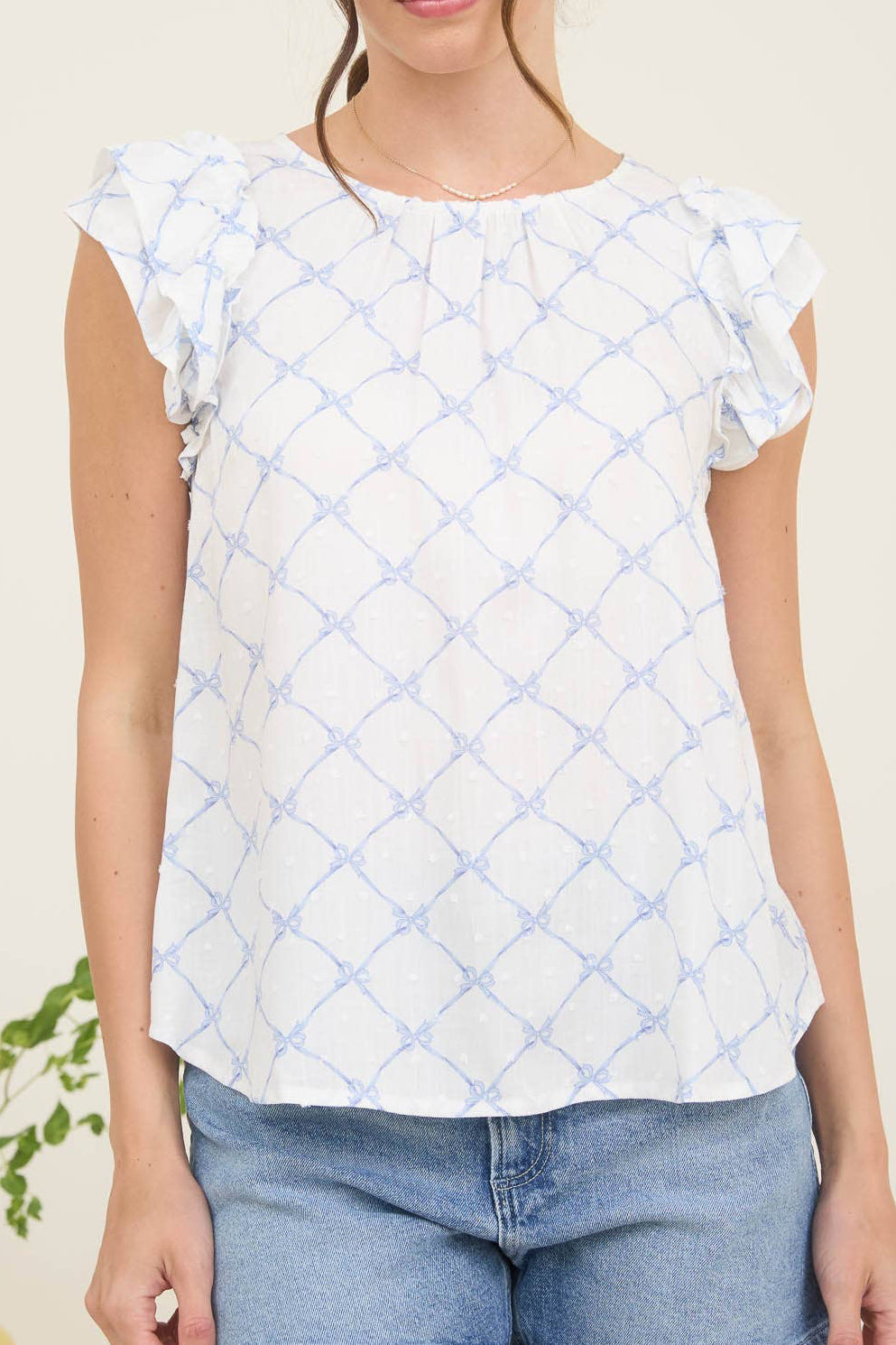 Blue Bow Clip Dot Lace Sleeve Top