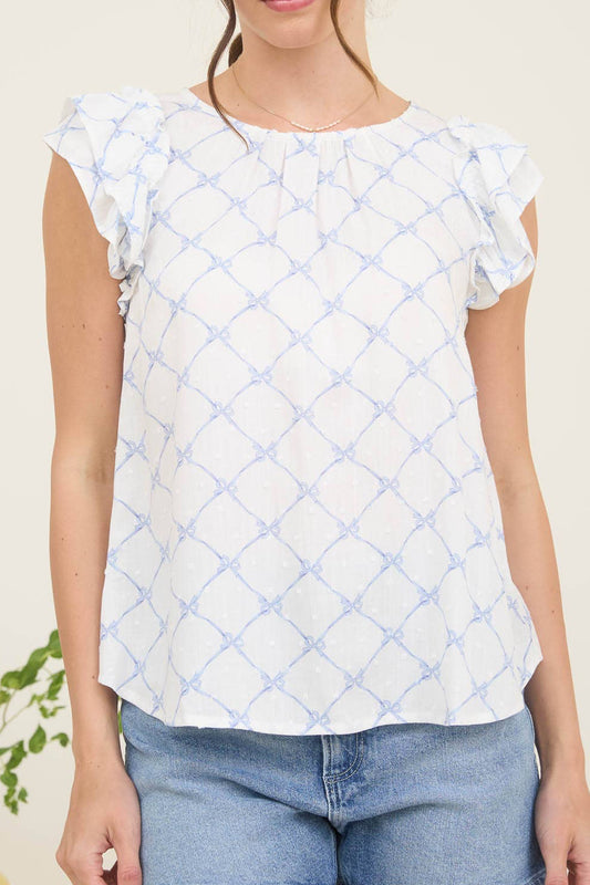 Blue Bow Clip Dot Lace Sleeve Top