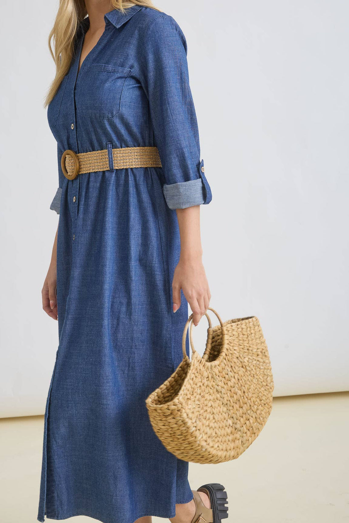 Button Down Denim Belted Dress