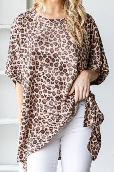 Taupe Short Sleeve Ribbed Leopard Tunic
