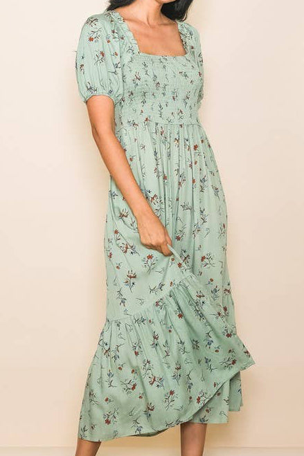 Sage Puff Sleeve Smocked Flare Midi Dress with Pockets