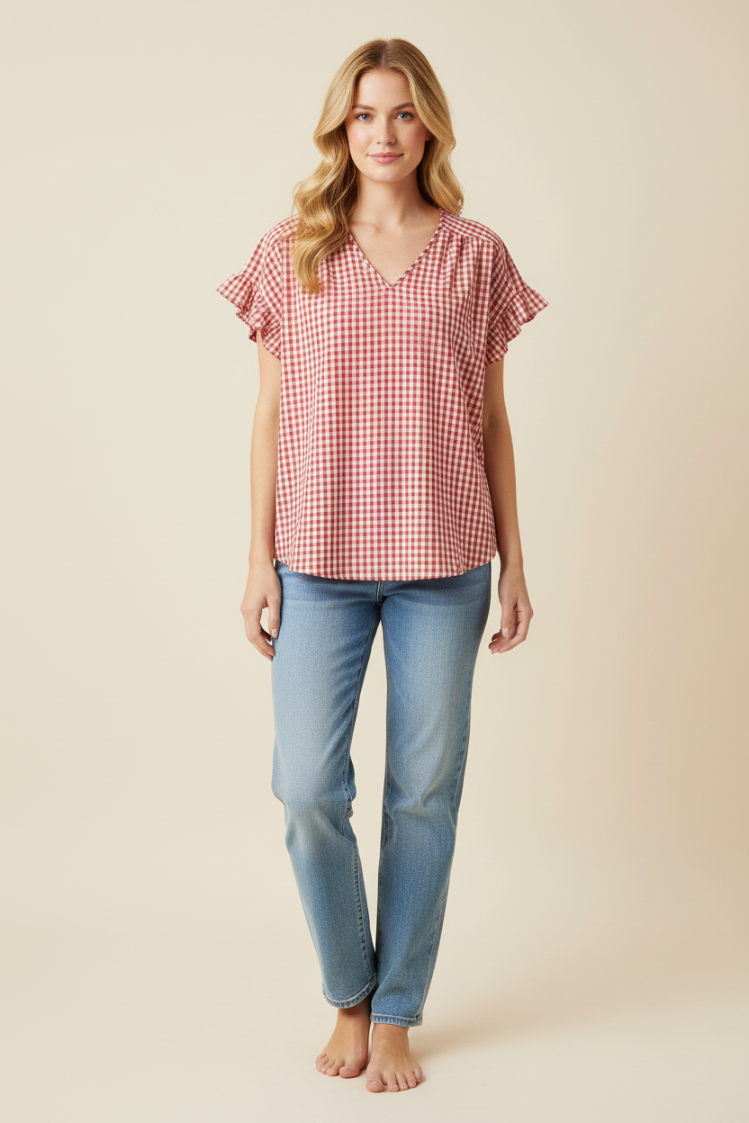 Red Gingham Ruffle Shorts Set