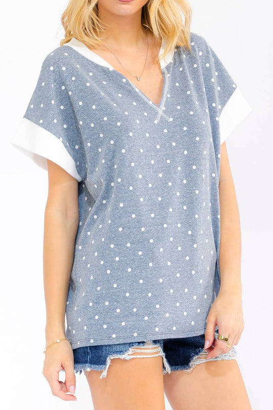 Vintage Navy Polka Dot Contrast Trim v Neck Top