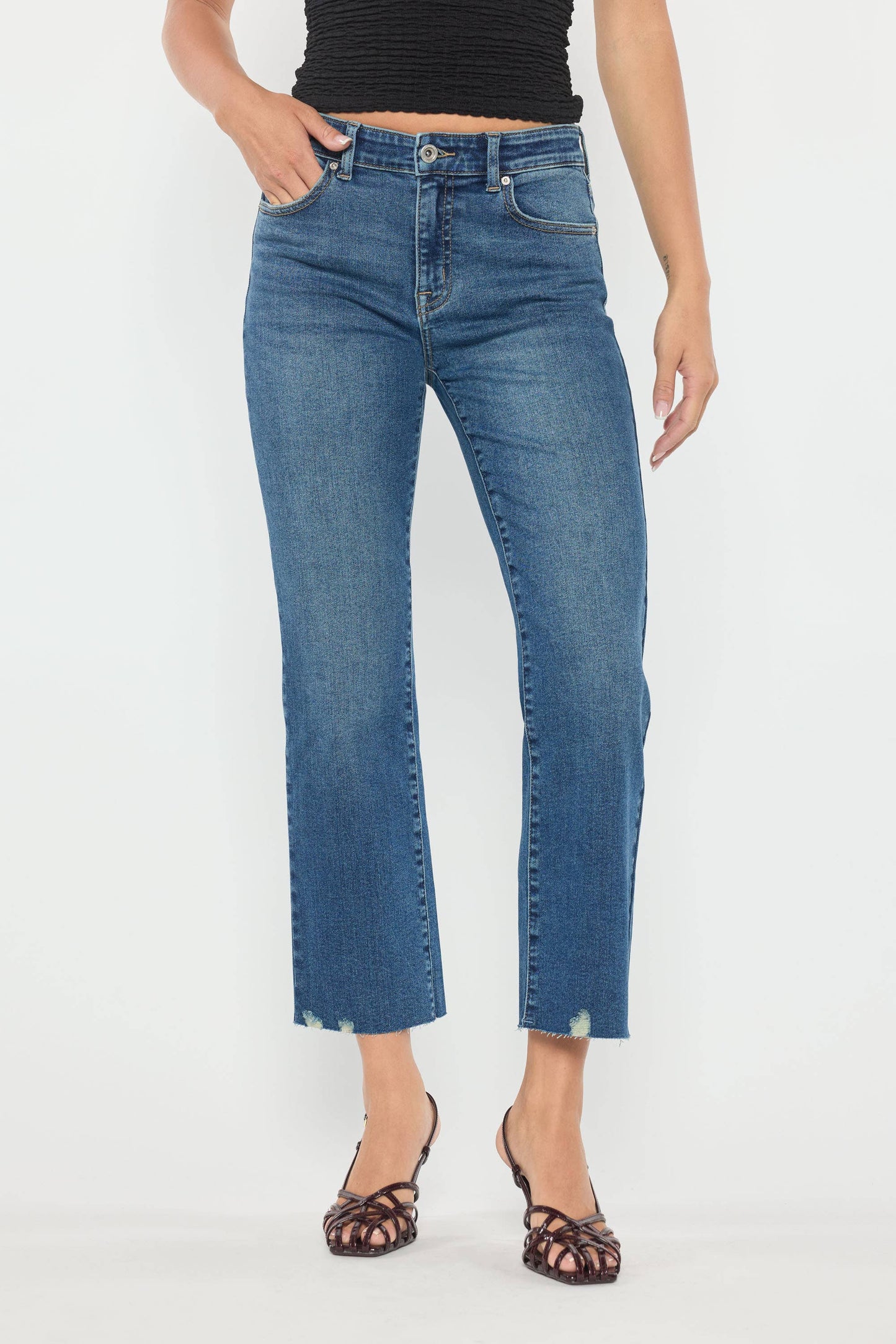 Medium Wash High Rise Straight with Chewed Hem