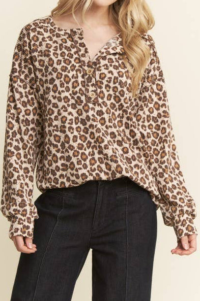 Leopard Ribbed Button Up Henley Top