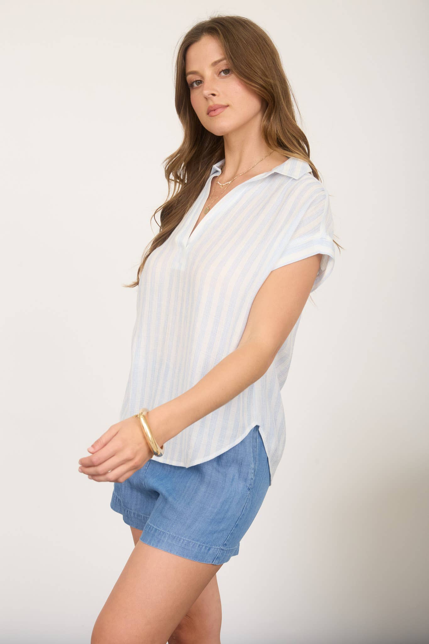 Stripe Collared V-Neck Button Down Short Sleeve Top