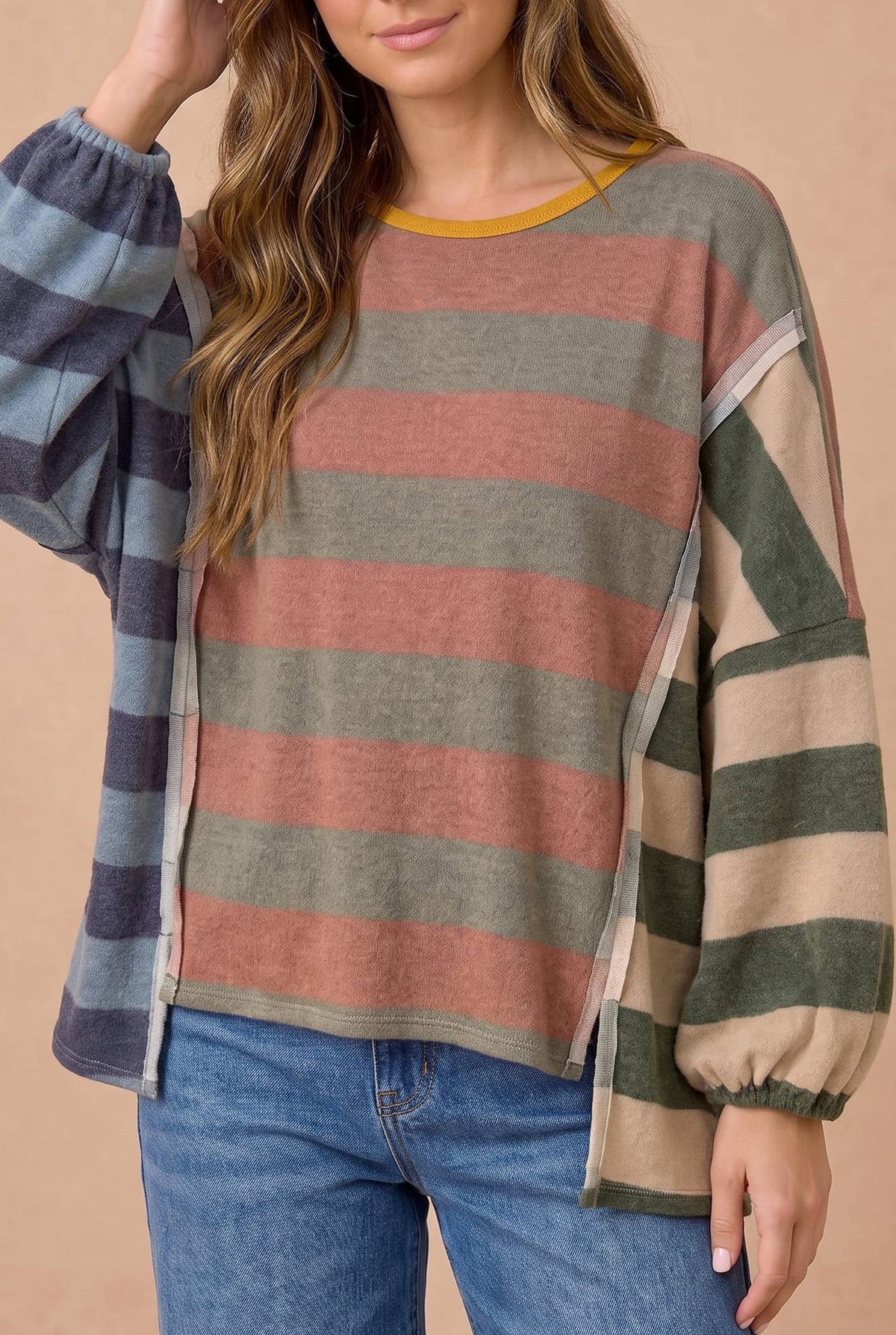 Striped Color Block Hacci Slit Top
