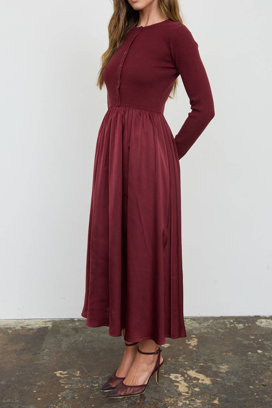 Knit Long Sleeve Satin Skirt Dress