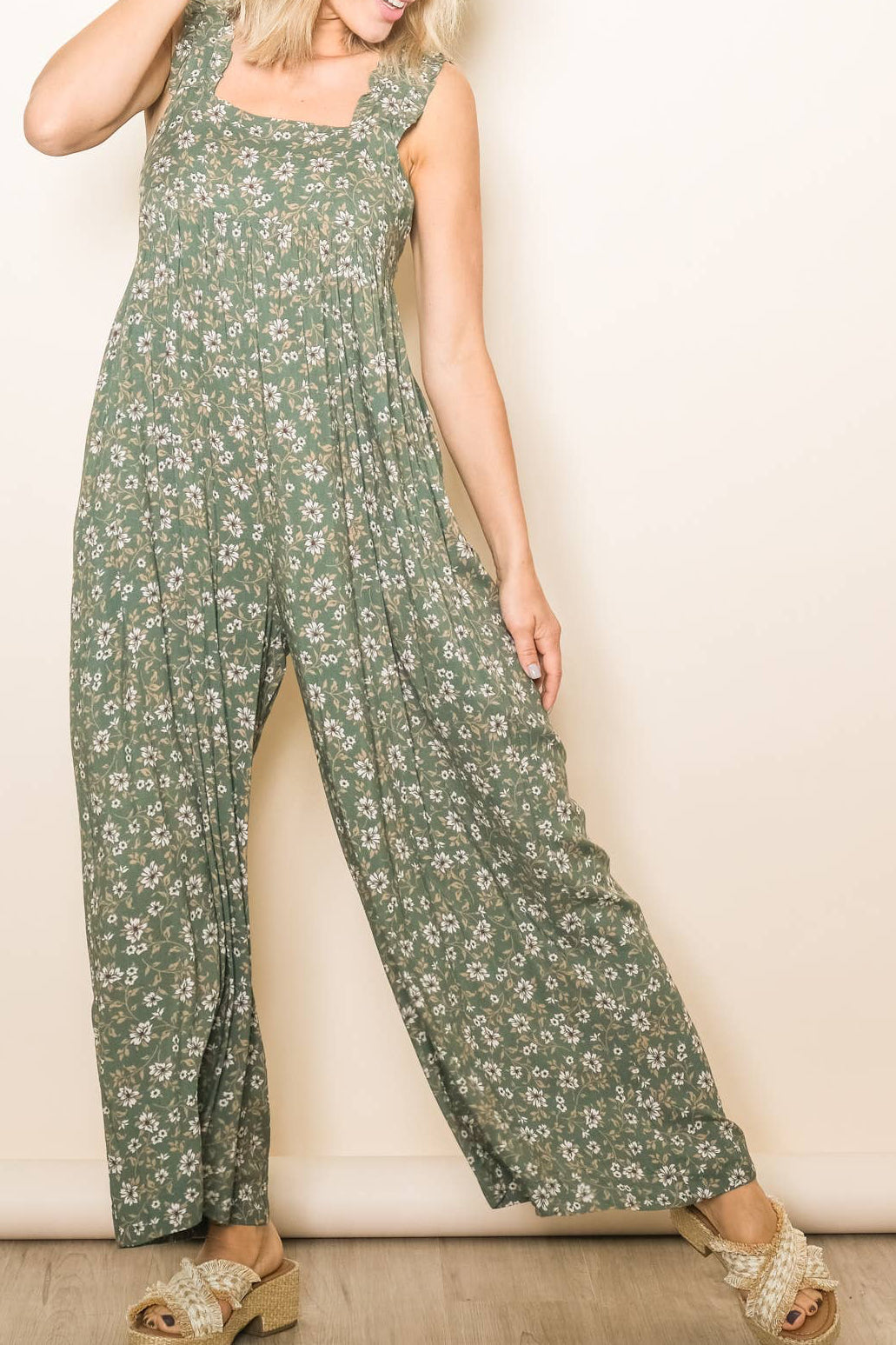 Ruffle Strap Wide Leg Floral Print Jumper with Pockets