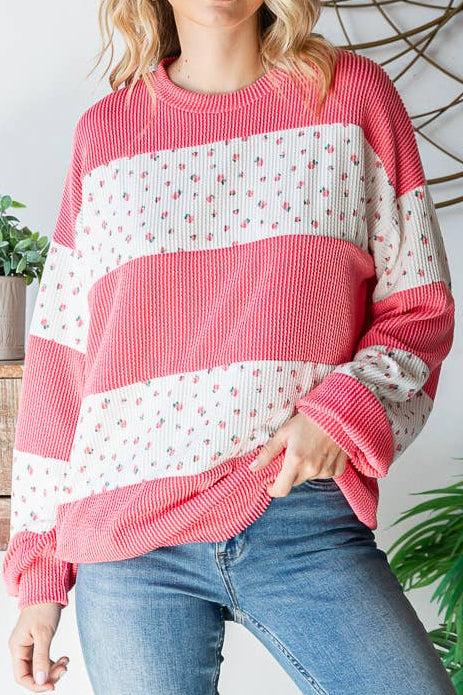 Floral Rib Drop Shoulder Pullover Long Sleeve Top