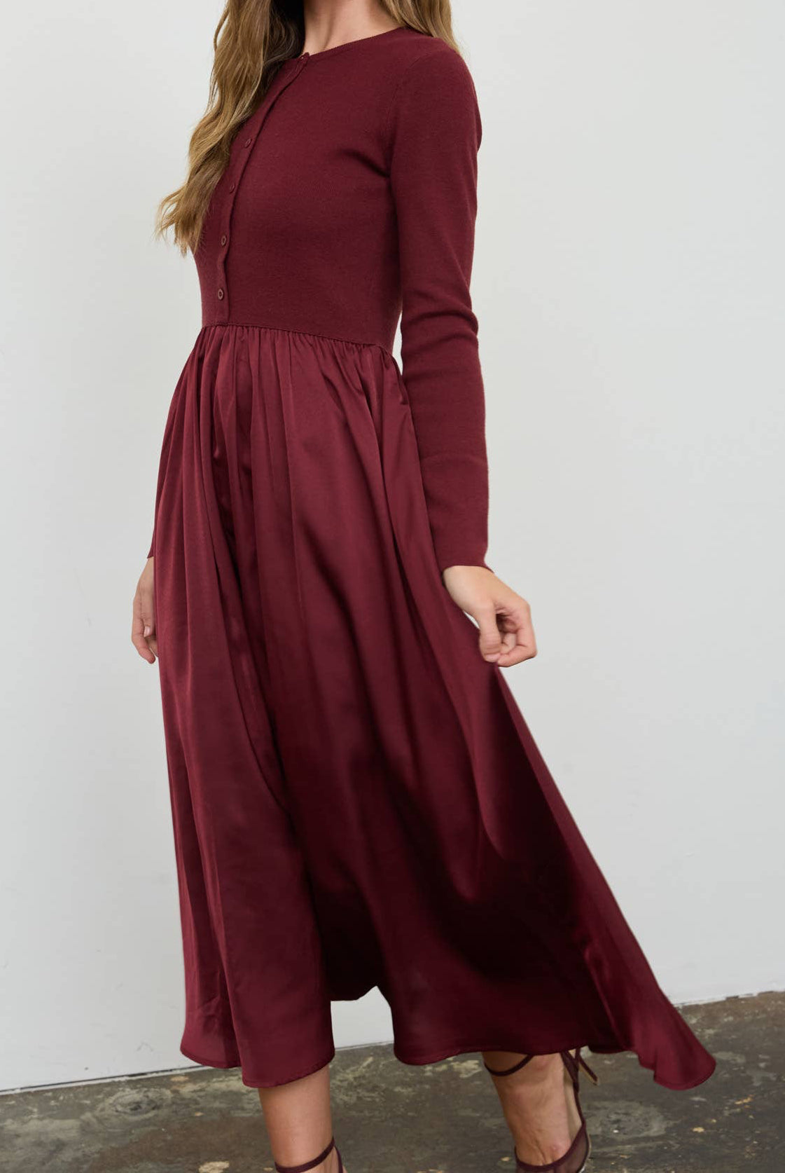 Knit Long Sleeve Satin Skirt Dress